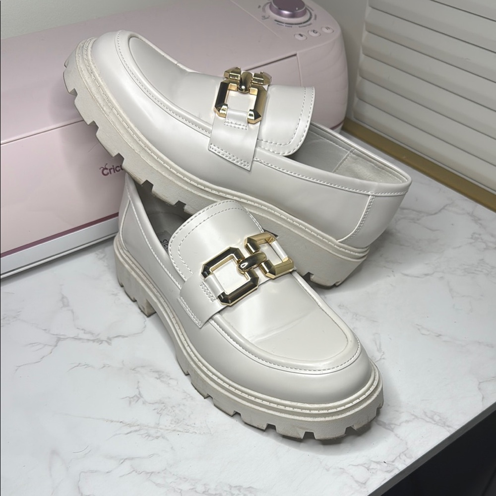Steve Madden Women’s White and Gold Platform Loafers with Chunky Sole